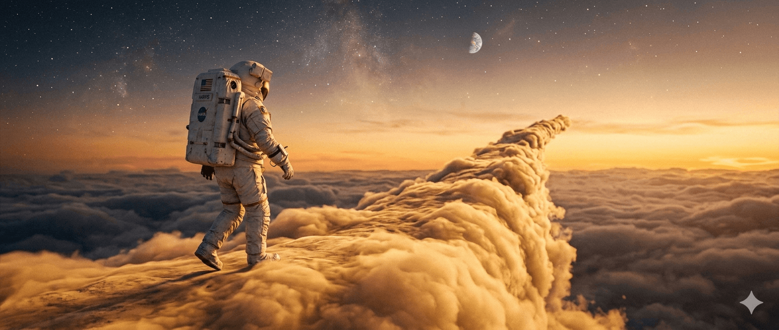 Astronaut walking above the clouds