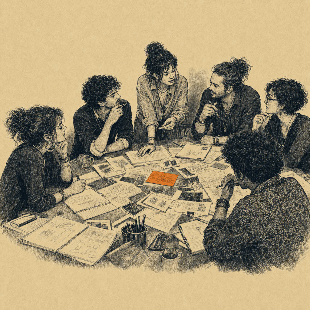 Hand-drawn editorial illustration of six operators around a circular table covered in briefs, sketches, and source clippings โ collective judgement and shared memory as the AI Company Brain, with a saffron-accented insight card at the centre.