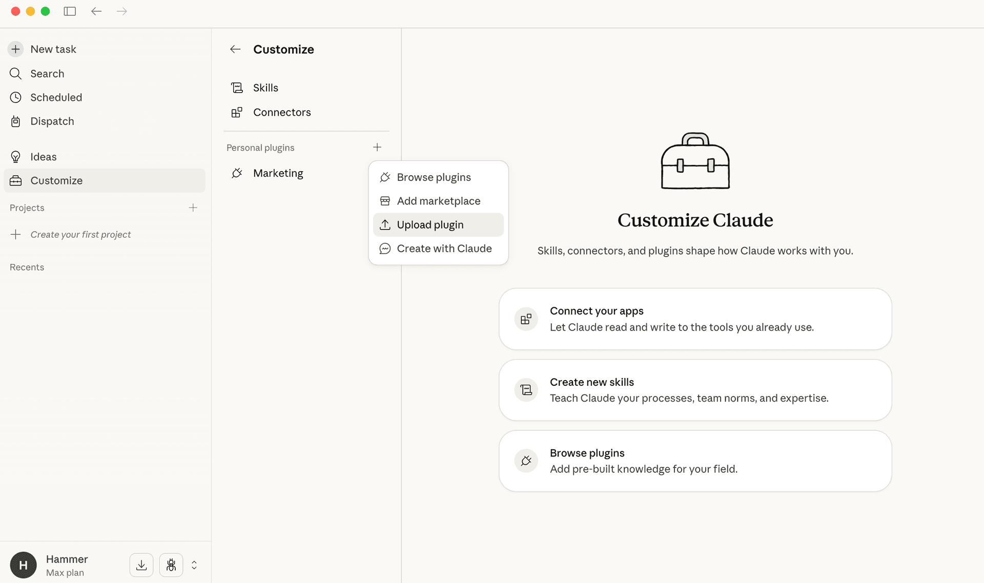 Claude Desktop plugin upload dialog
