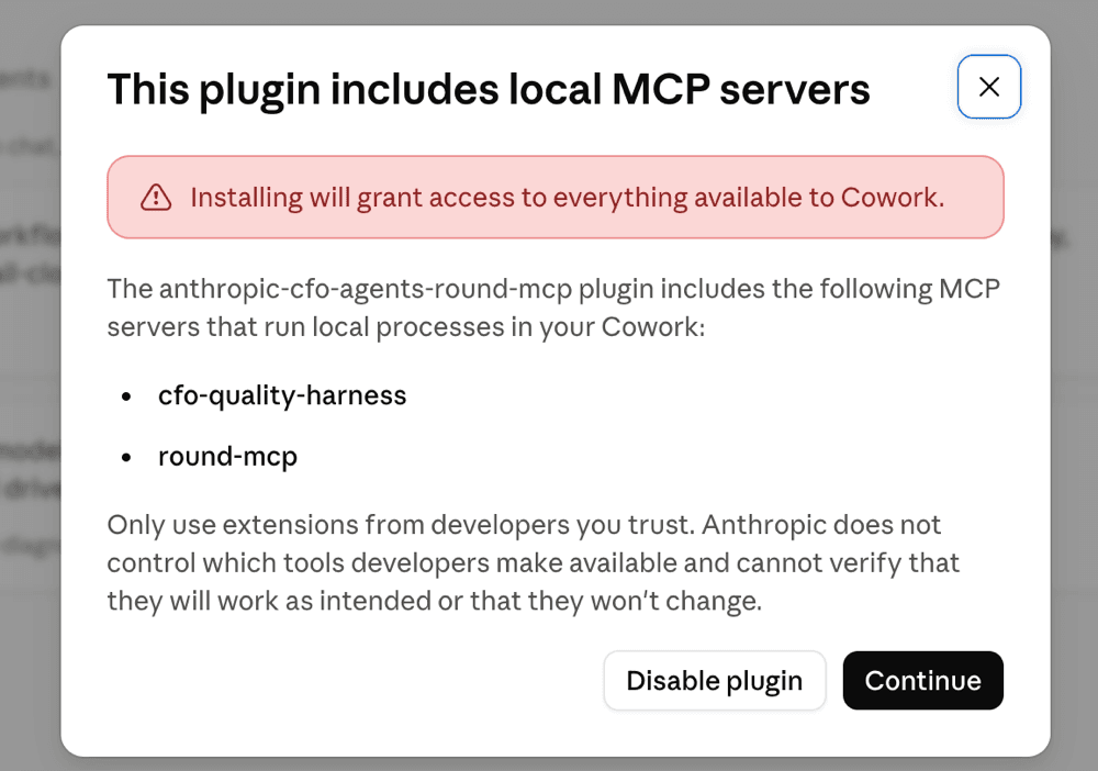 Claude Cowork install view showing cfo-quality-harness and round-mcp local MCP servers.