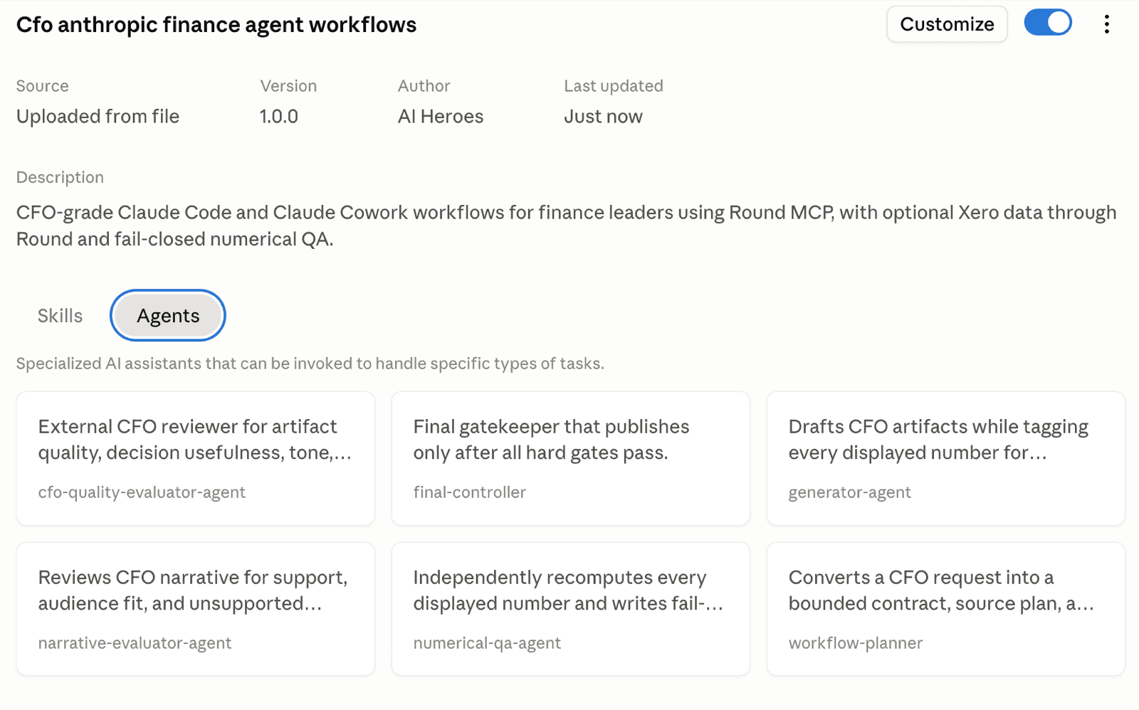 Claude agent tab showing Numerical QA, Narrative Evaluator, CFO Quality Evaluator, and Final Controller agents.