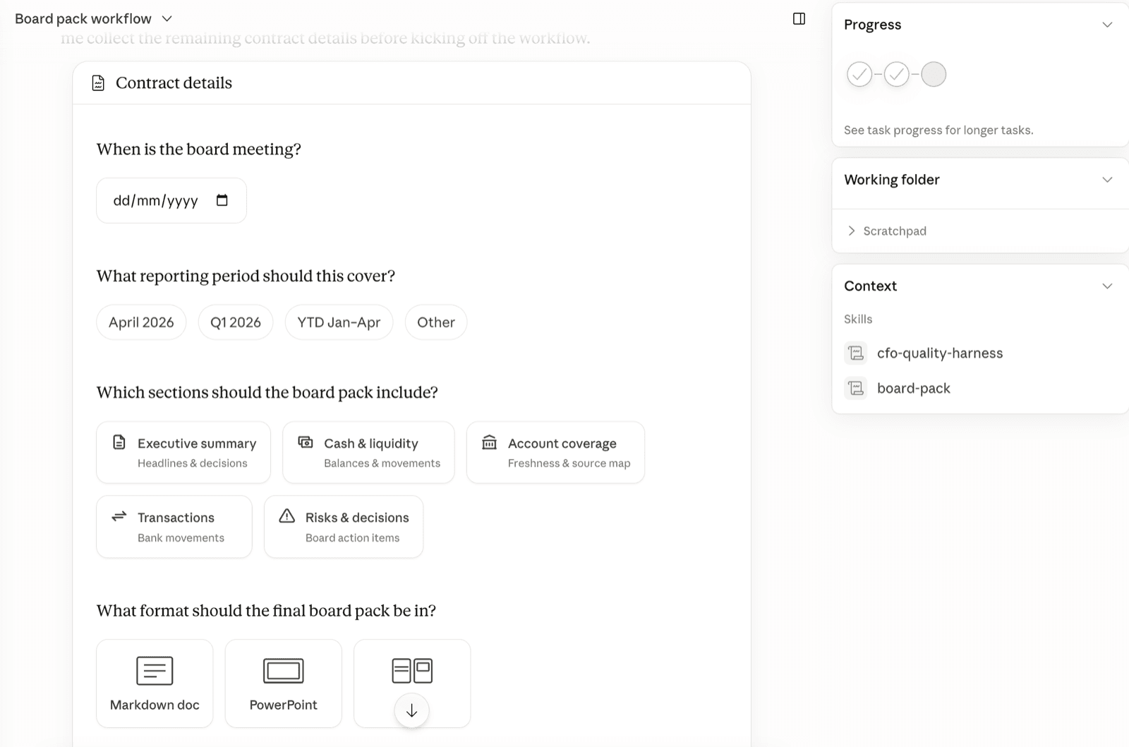 Board Pack Agent input form for Round MCP evidence.