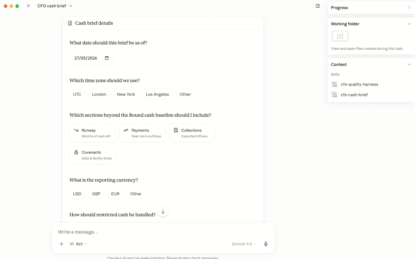 CFO Cash Brief Agent run with a generated cash control note.