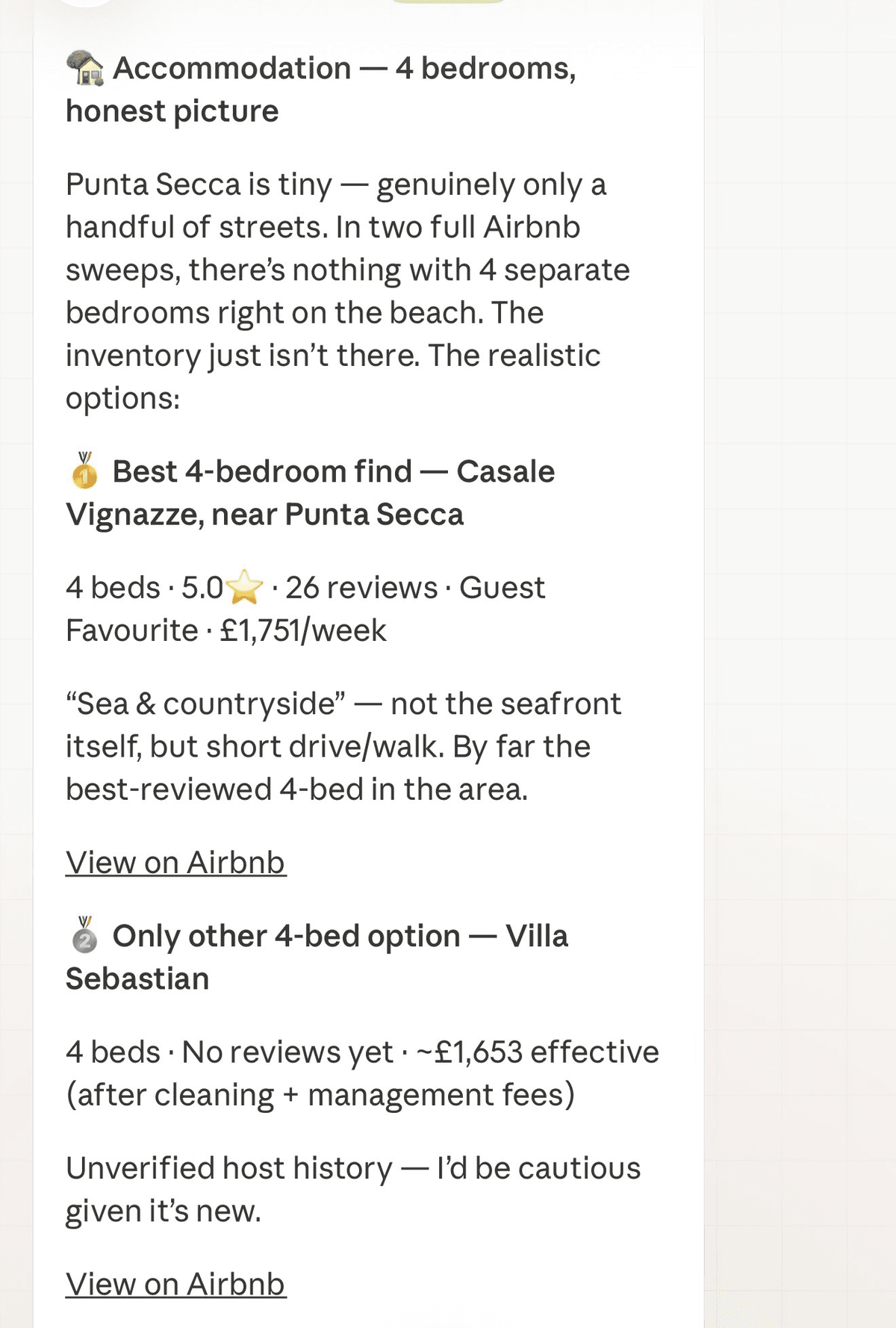 Accommodation search results with honest property assessments and direct booking links