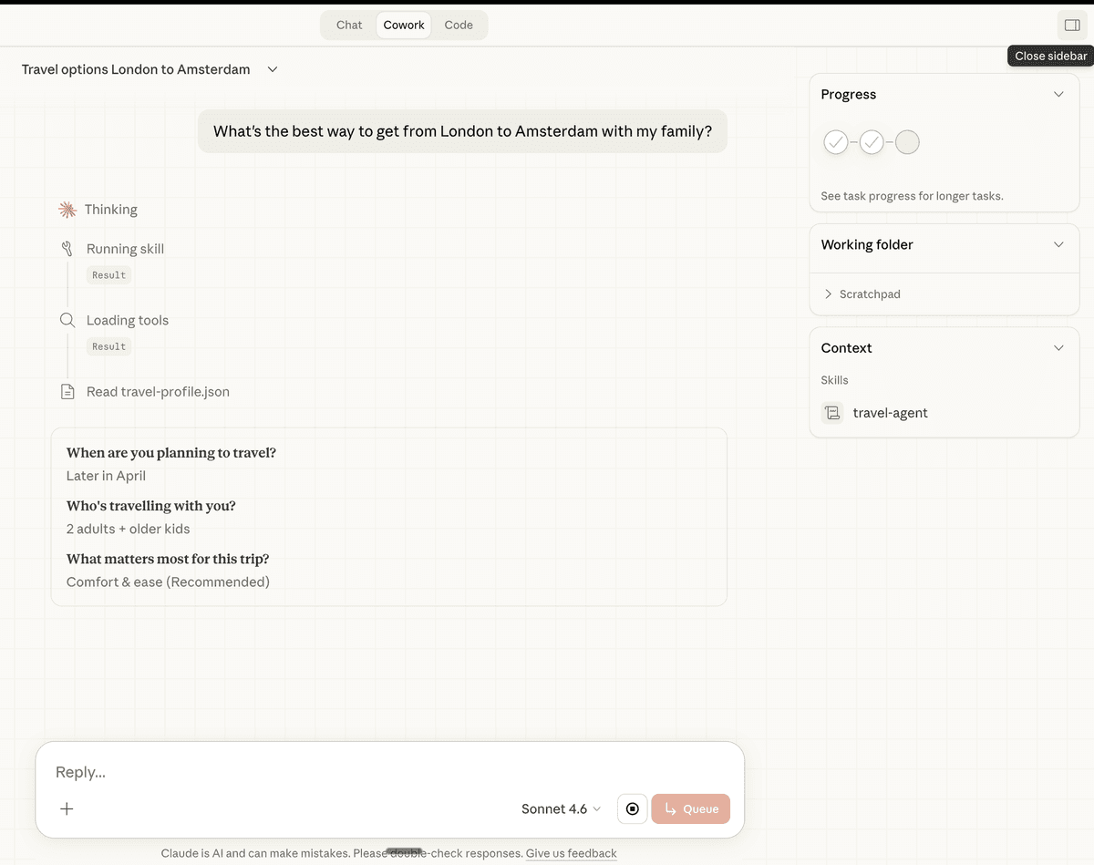 Summary card confirming trip details before the plugin starts searching