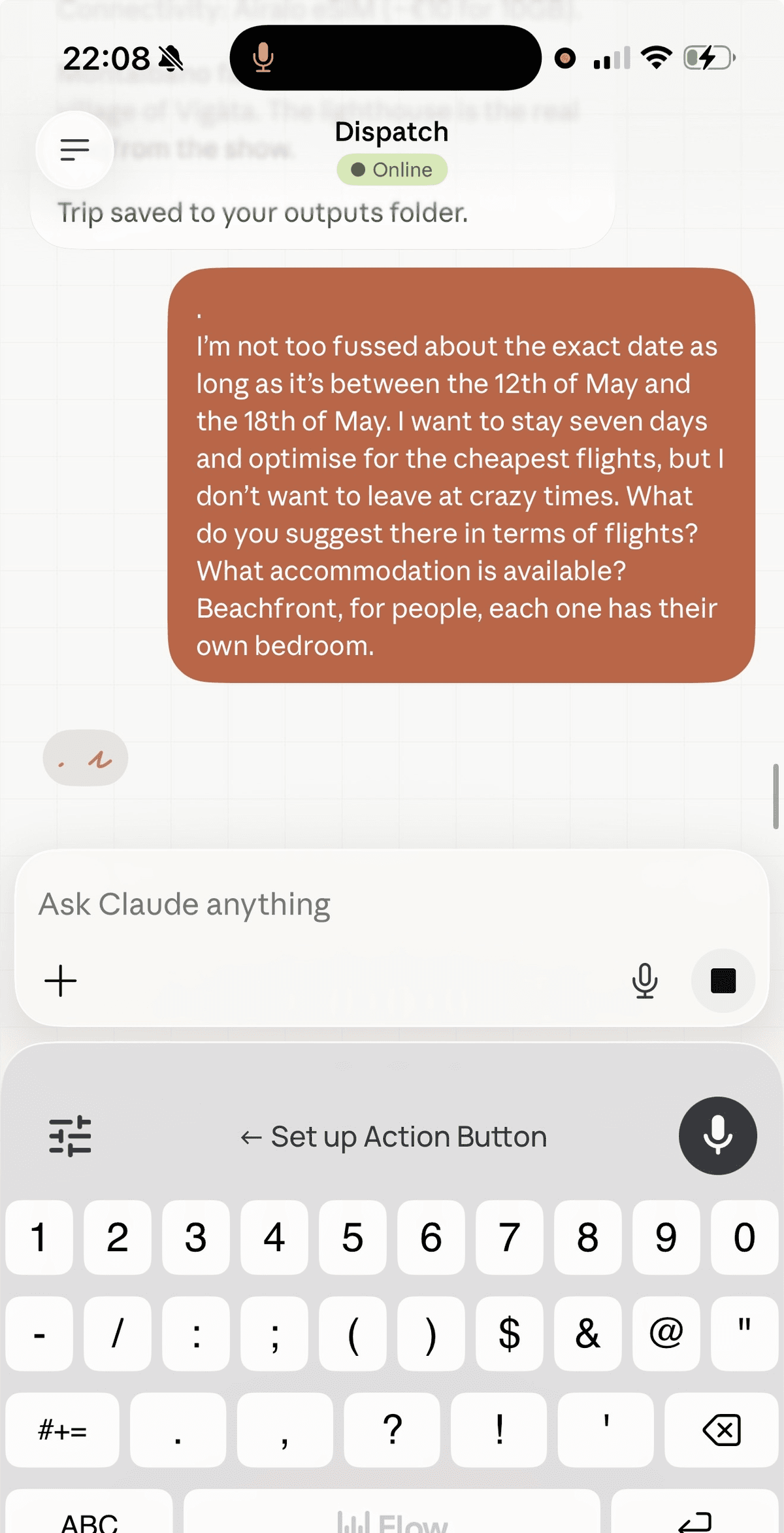 Flexible date search on mobile via Dispatch showing month-wide price scan