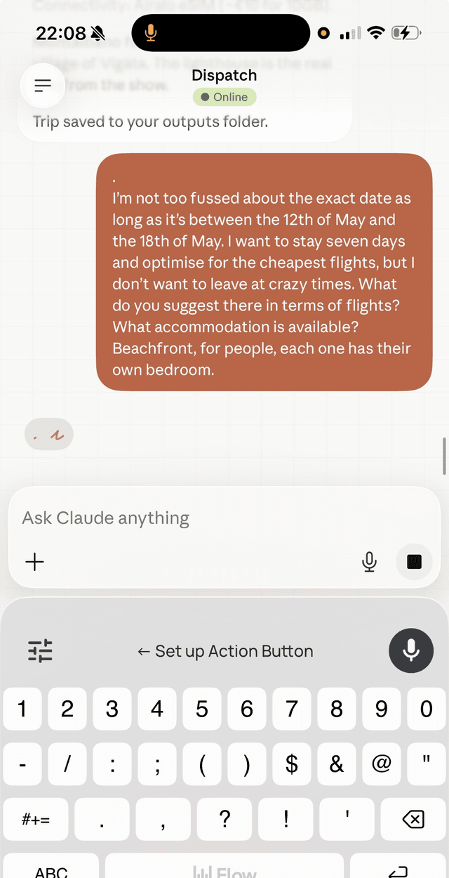 Mobile view showing flexible date search via Dispatch