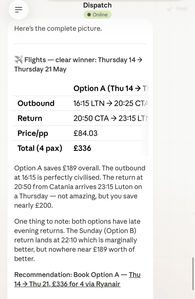 Flight comparison showing detailed pricing and recommendation