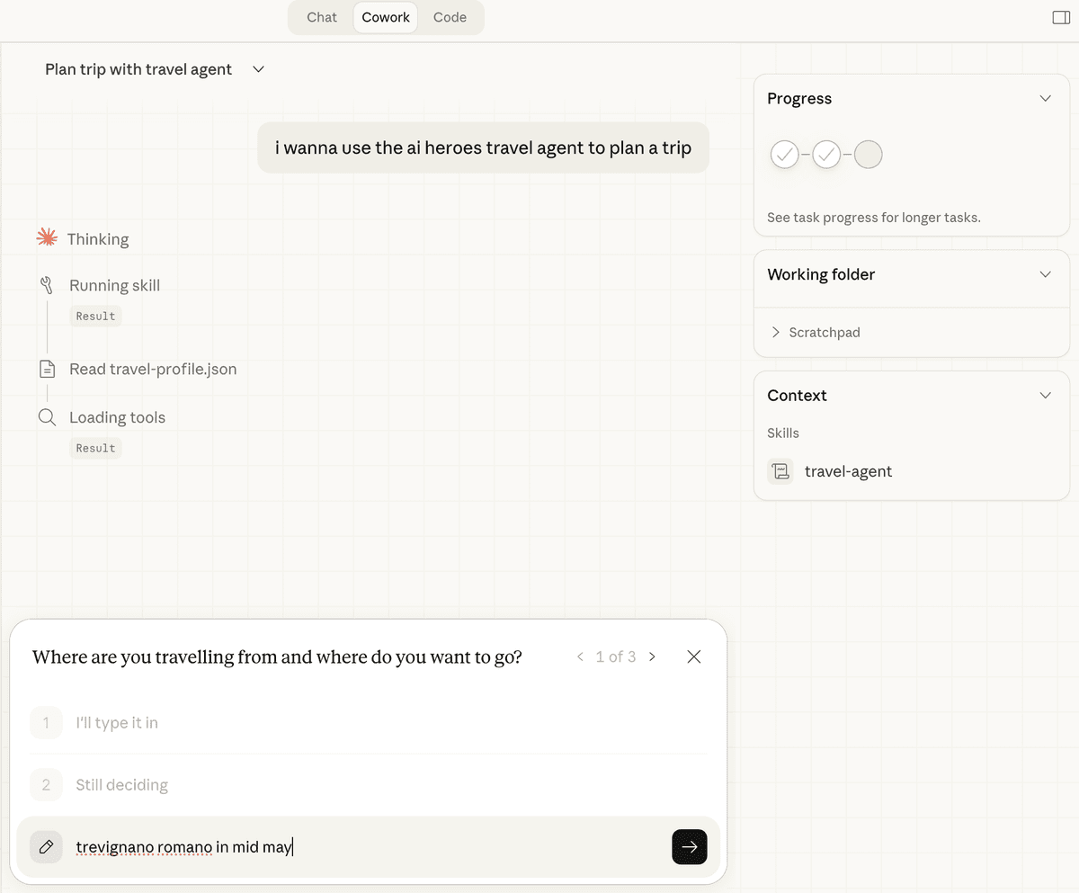 Free-text trip planning prompt entered directly instead of using the questionnaire