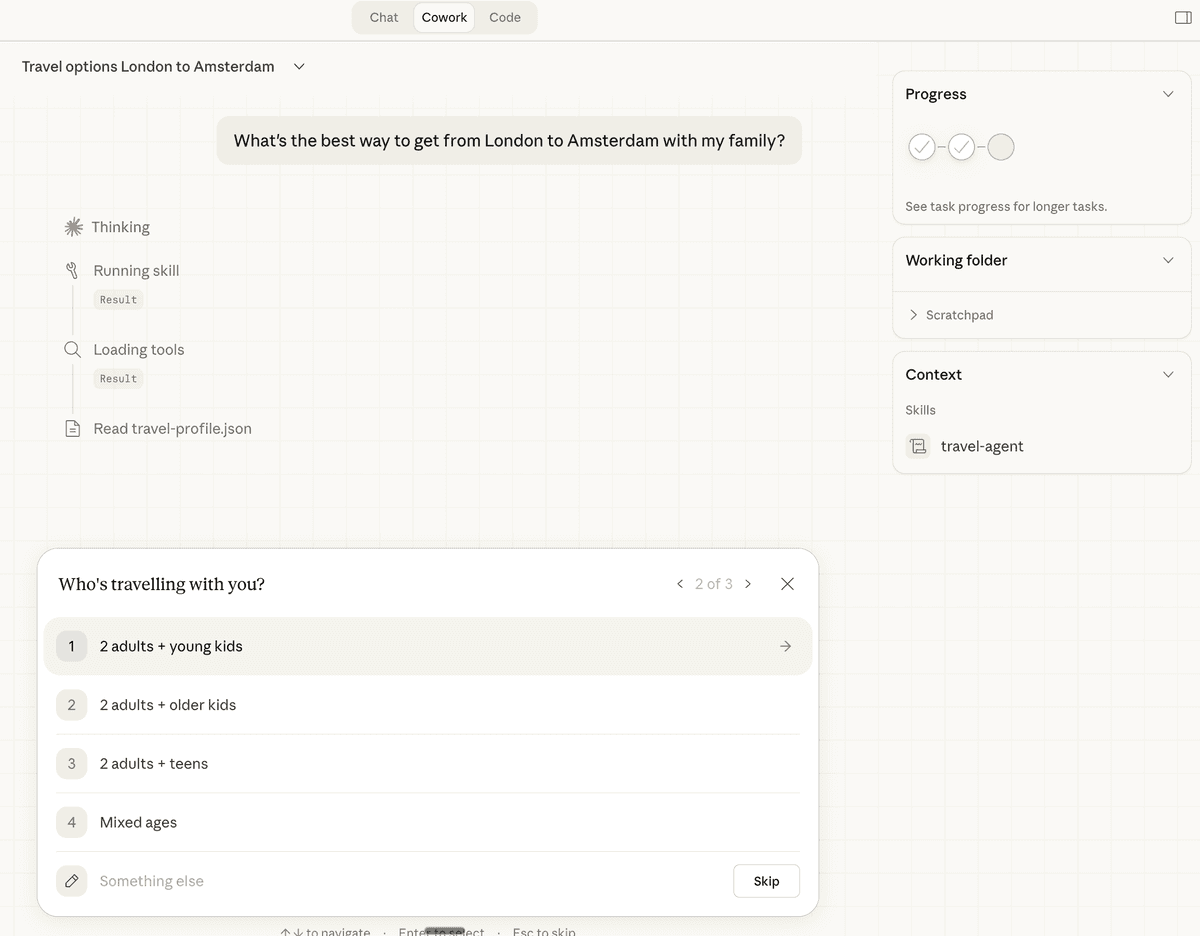 Interactive questionnaire asking about traveller composition — 2 adults + young kids