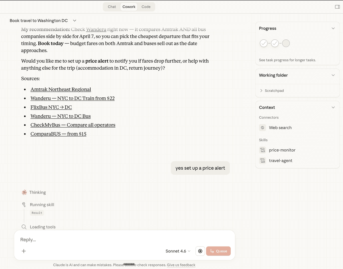 User requesting a price alert with the plugin activating the monitoring skill