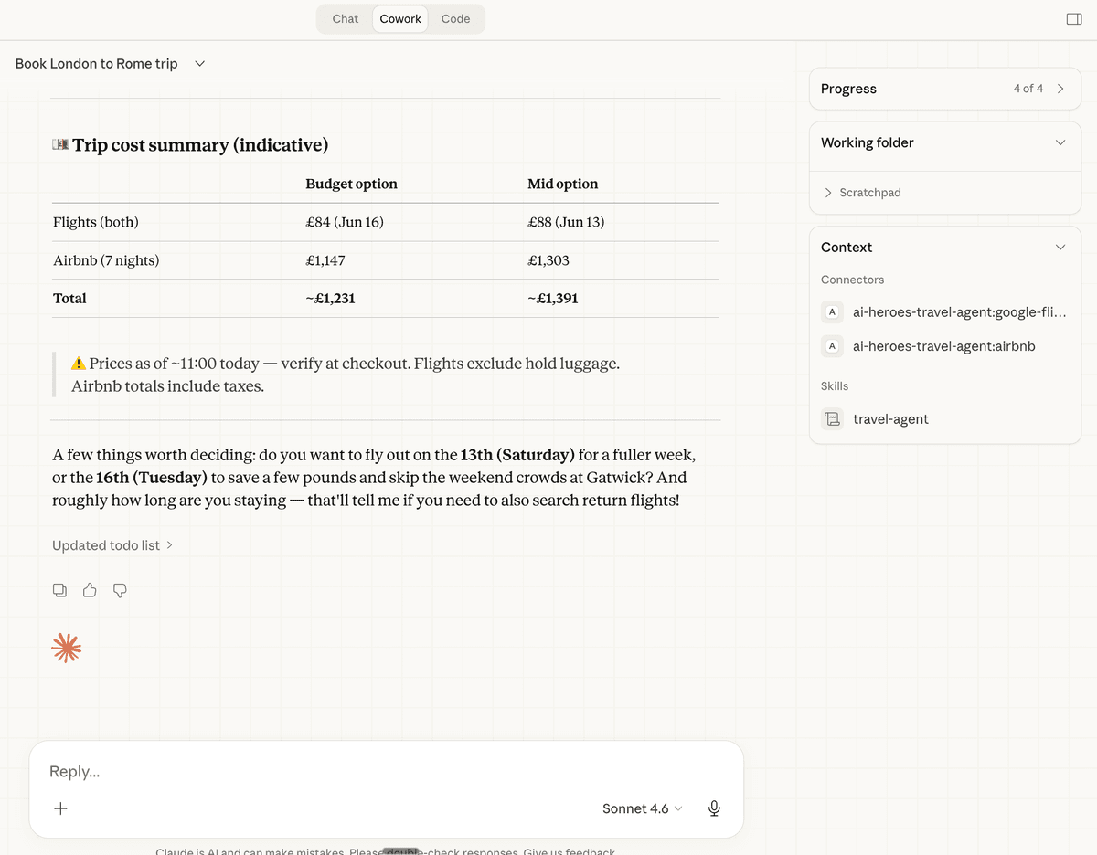 Trip cost summary showing budget and mid-range options side by side