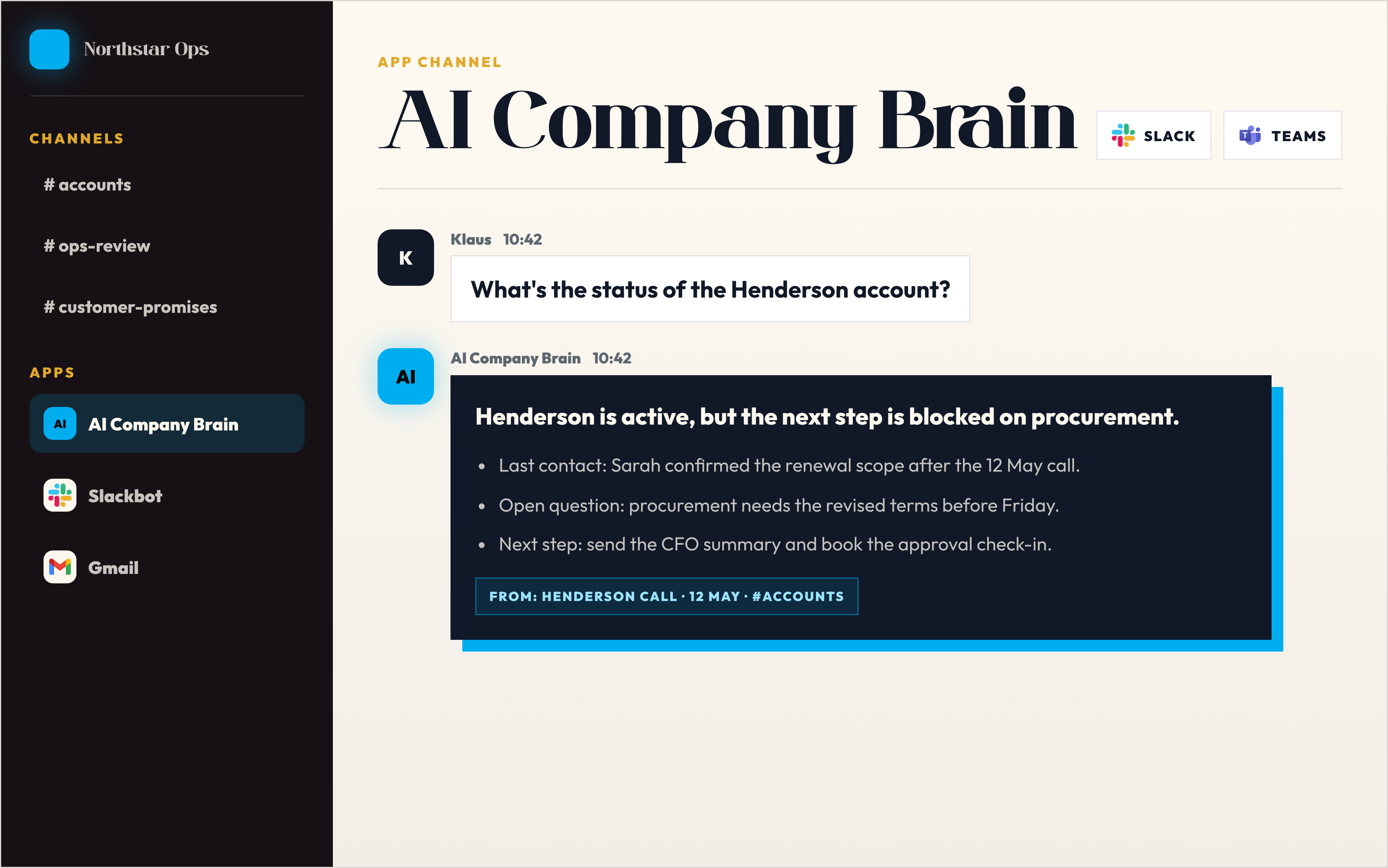 Slack-style AI Company Brain app channel showing a sourced Henderson account answer