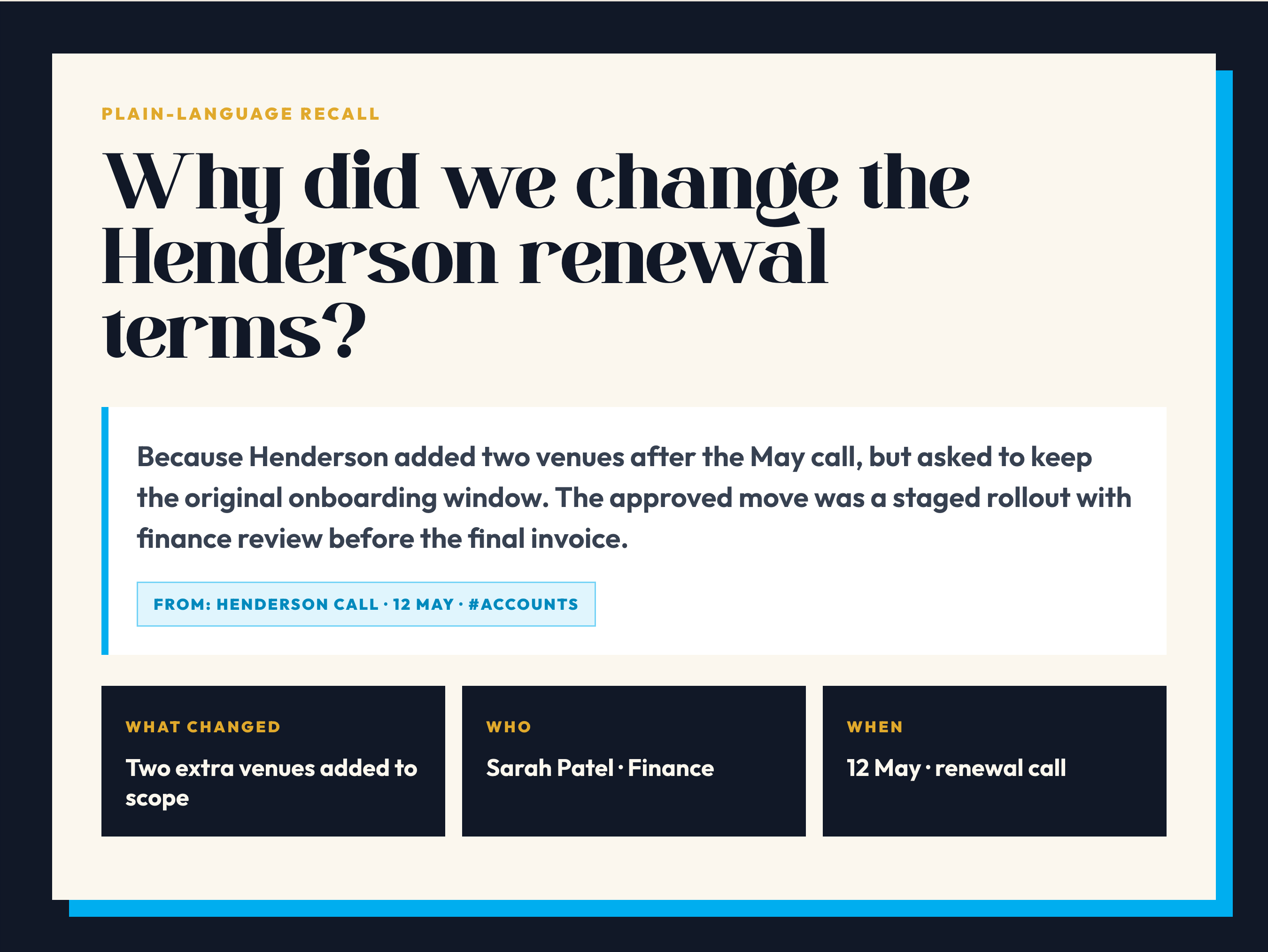 AI Company Brain memory recall card with what changed, who, and when