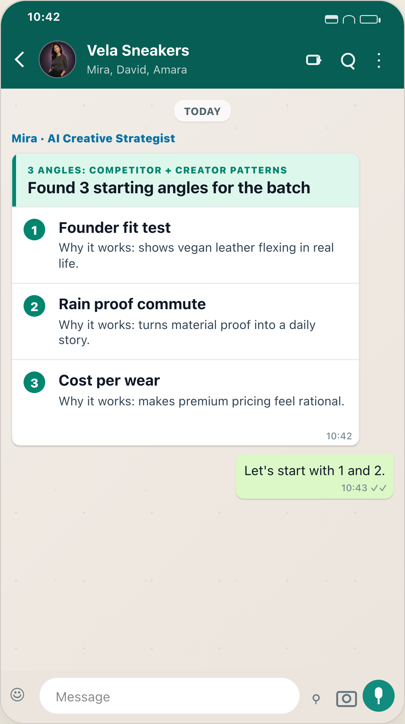 Mira in a WhatsApp founder approval lane proposing three Vela Sneakers video angles