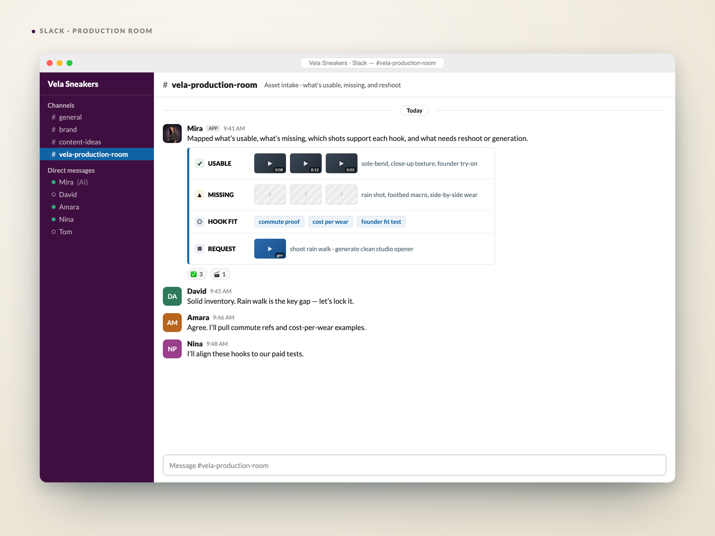 Mira in a Slack production room inventorying usable footage, missing shots, hook fit, and reshoot requests