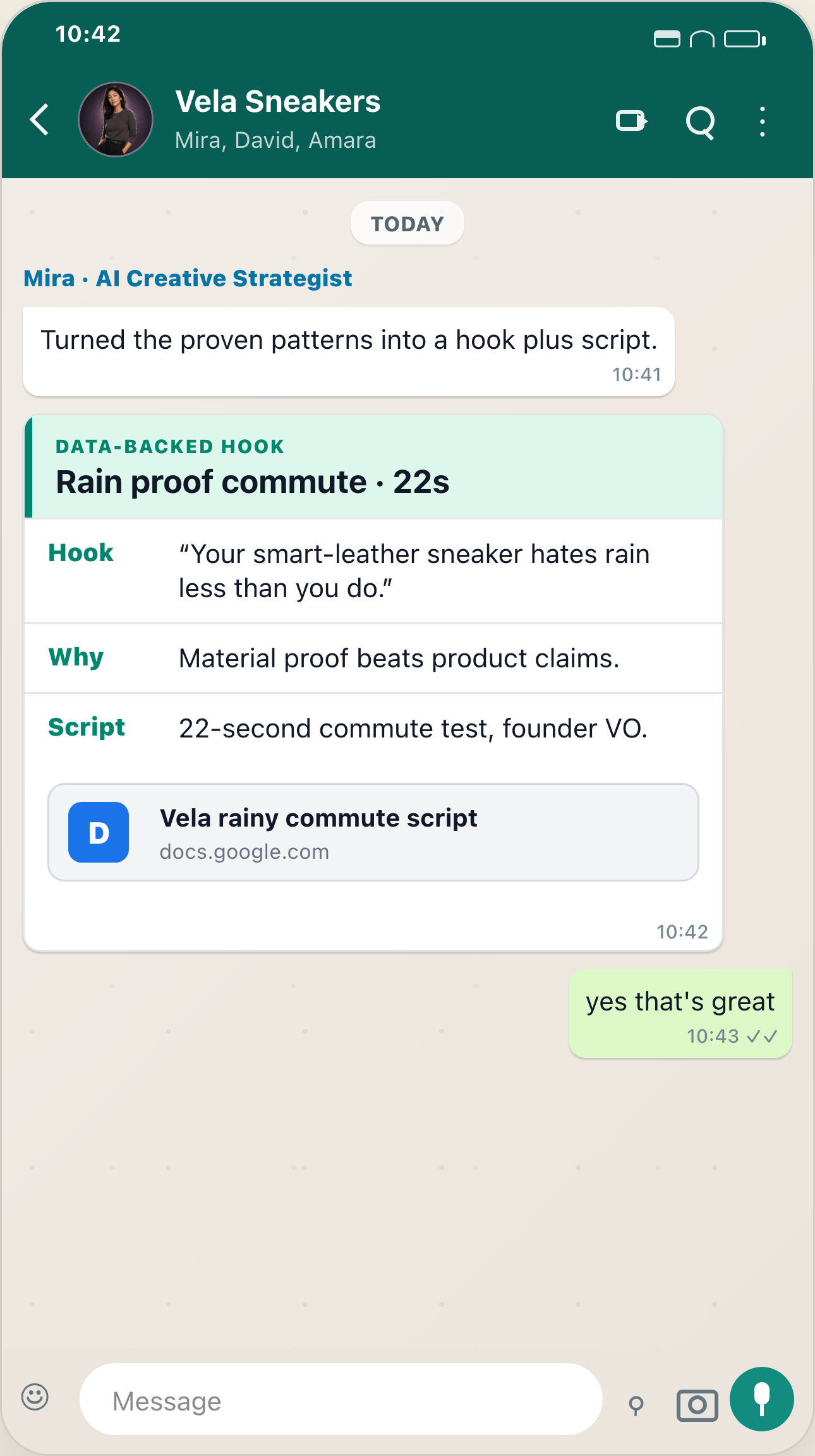 Mira sending a data-backed WhatsApp hook approval card and script link for Vela Sneakers