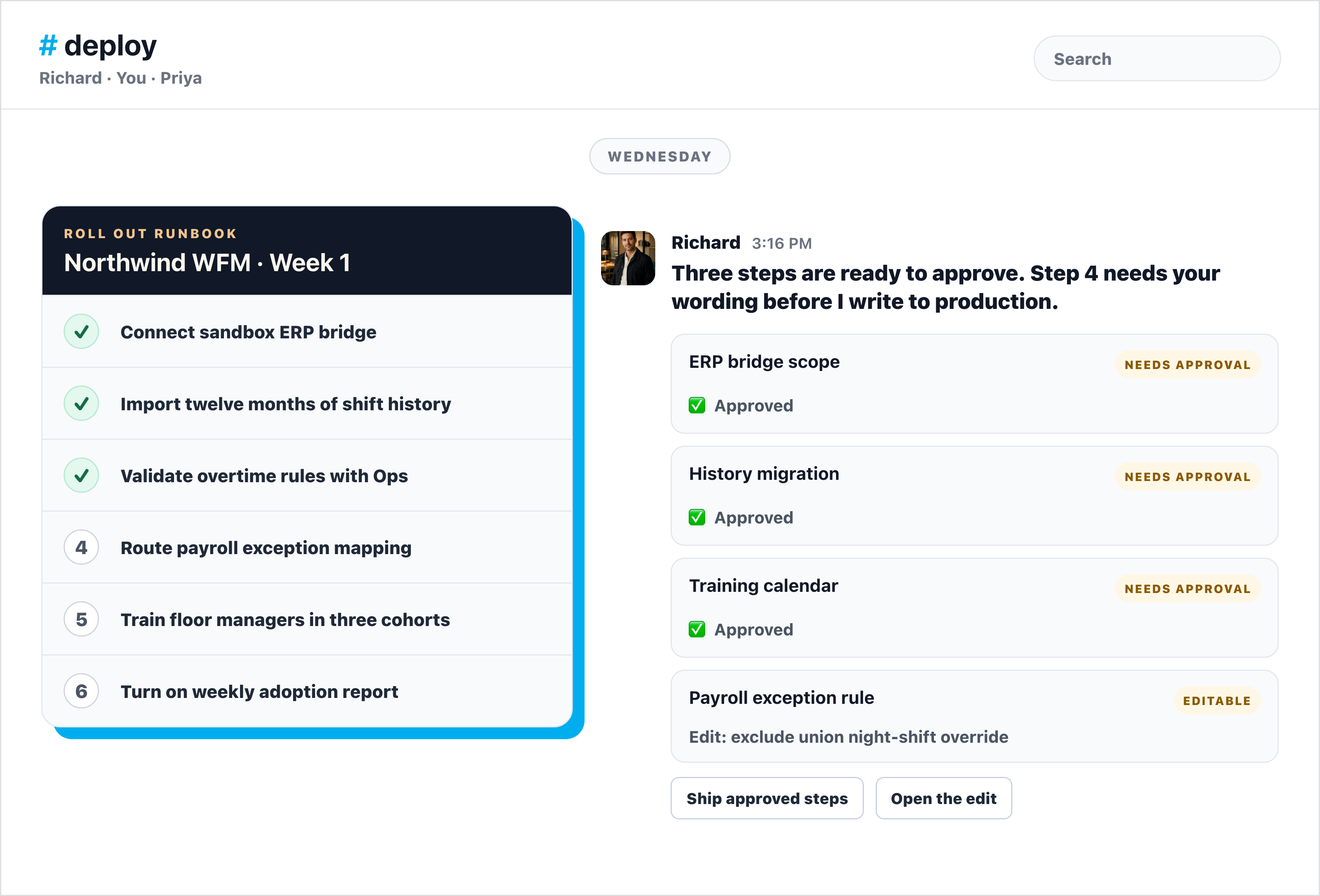 Slack runbook approval thread showing Richard routing deployment steps for human approval