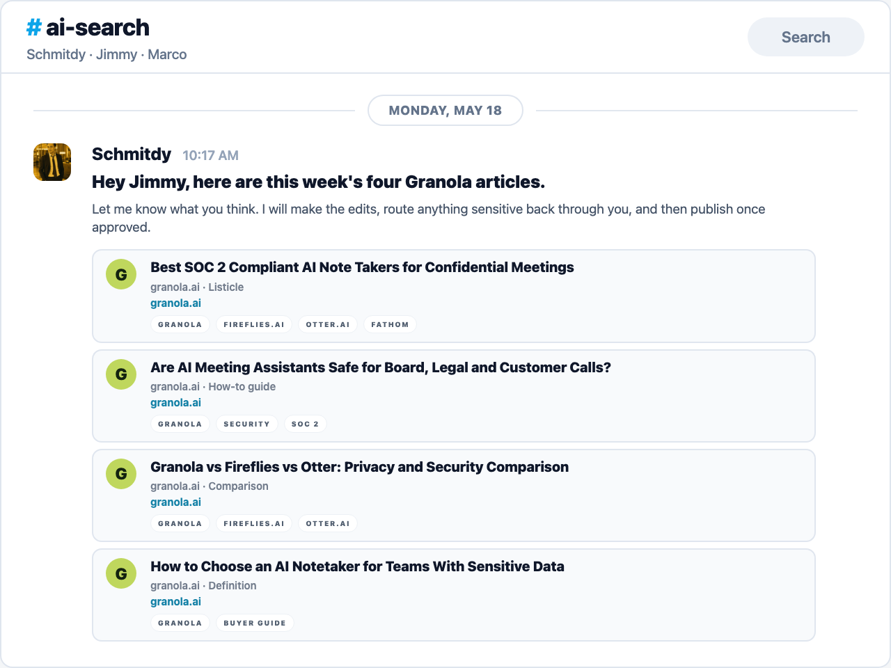Slack draft pack from Schmitdy showing proposed AI-search articles for review
