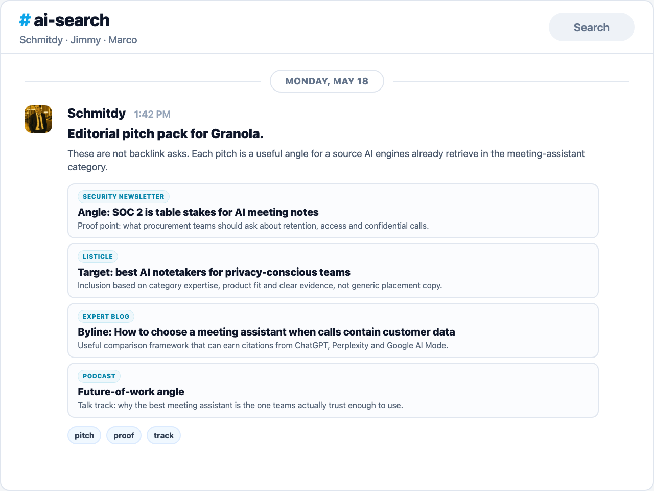 Slack editorial pitch pack with newsletter, listicle, expert blog and podcast targets