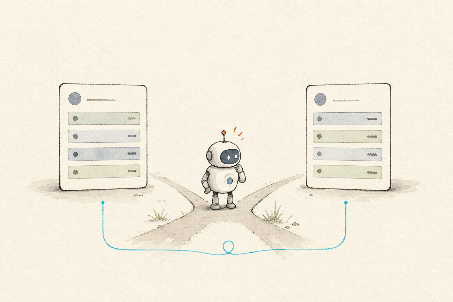A small AI agent at a fork between two near-identical record cards, with a resolution thread showing that both records belong to one entity.