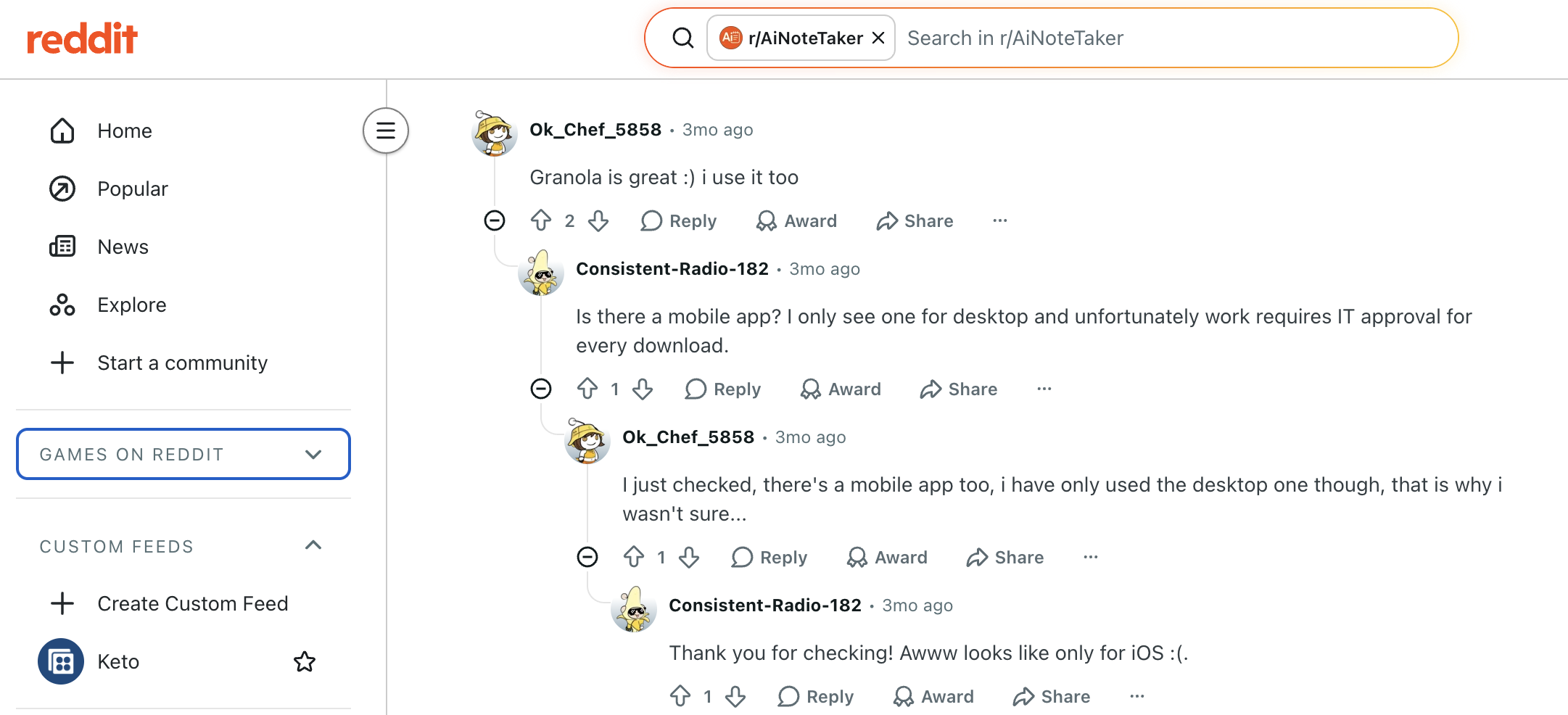 Original Reddit thread screenshot mentioning Granola