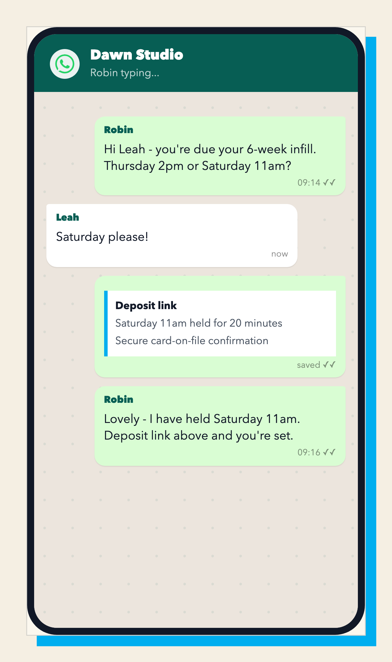 Beauty WhatsApp thread where Robin proactively rebooks an infill appointment with a deposit link.