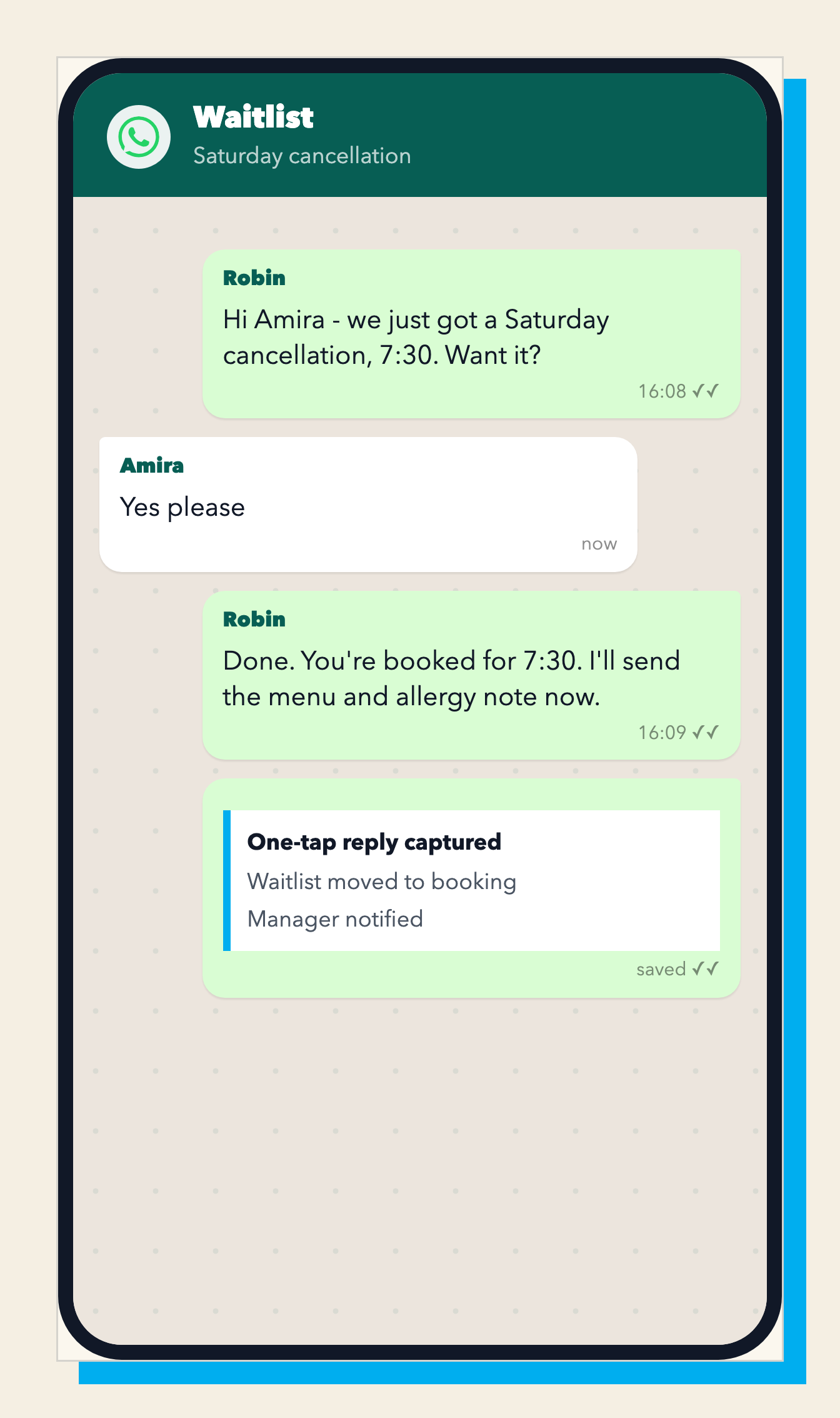 Waitlist WhatsApp thread where Robin offers a Saturday cancellation and confirms the booking.