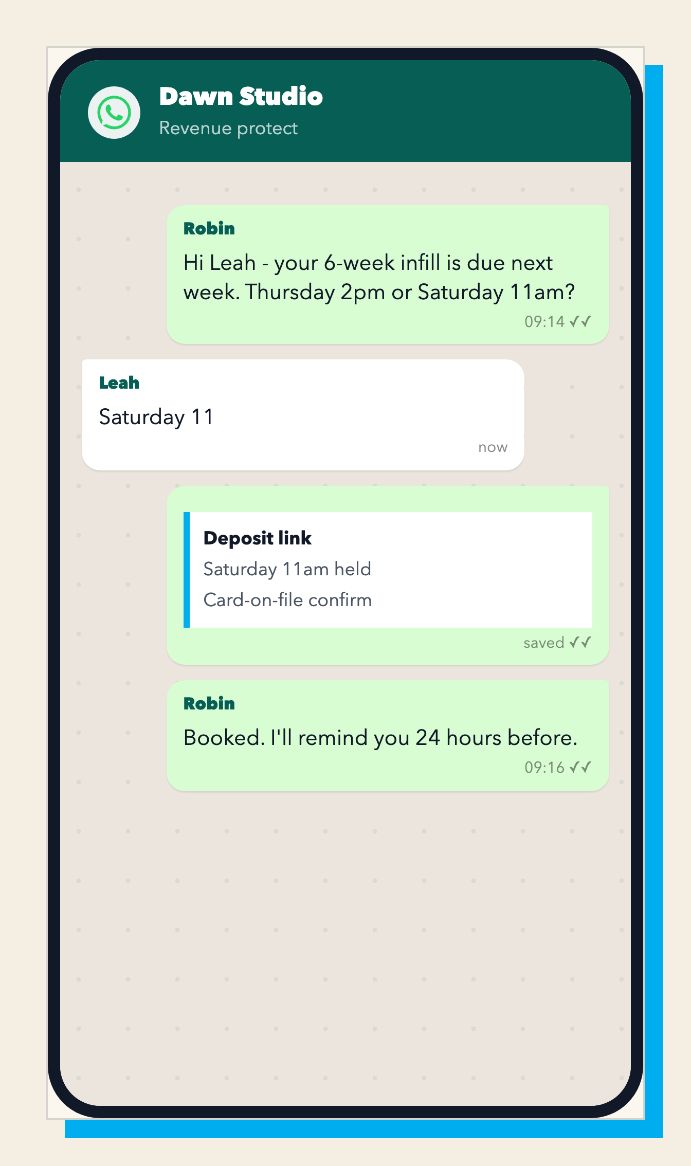 Robin proactively rebooks a beauty appointment with a deposit link.
