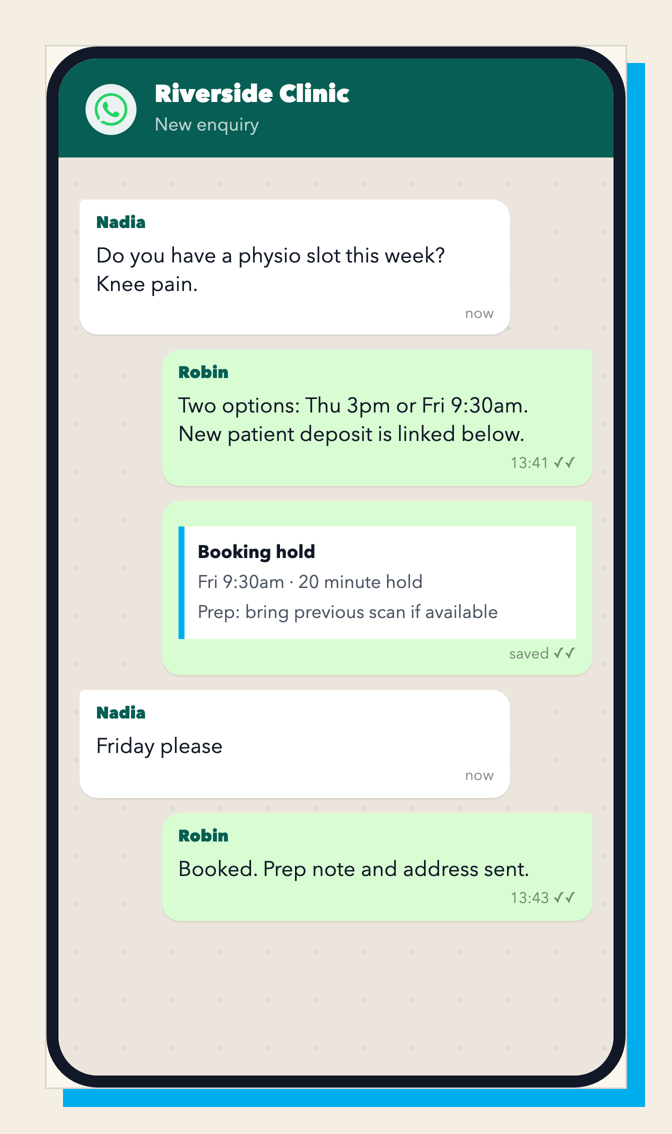 Robin books a clinic enquiry with two slot options, deposit and prep message.