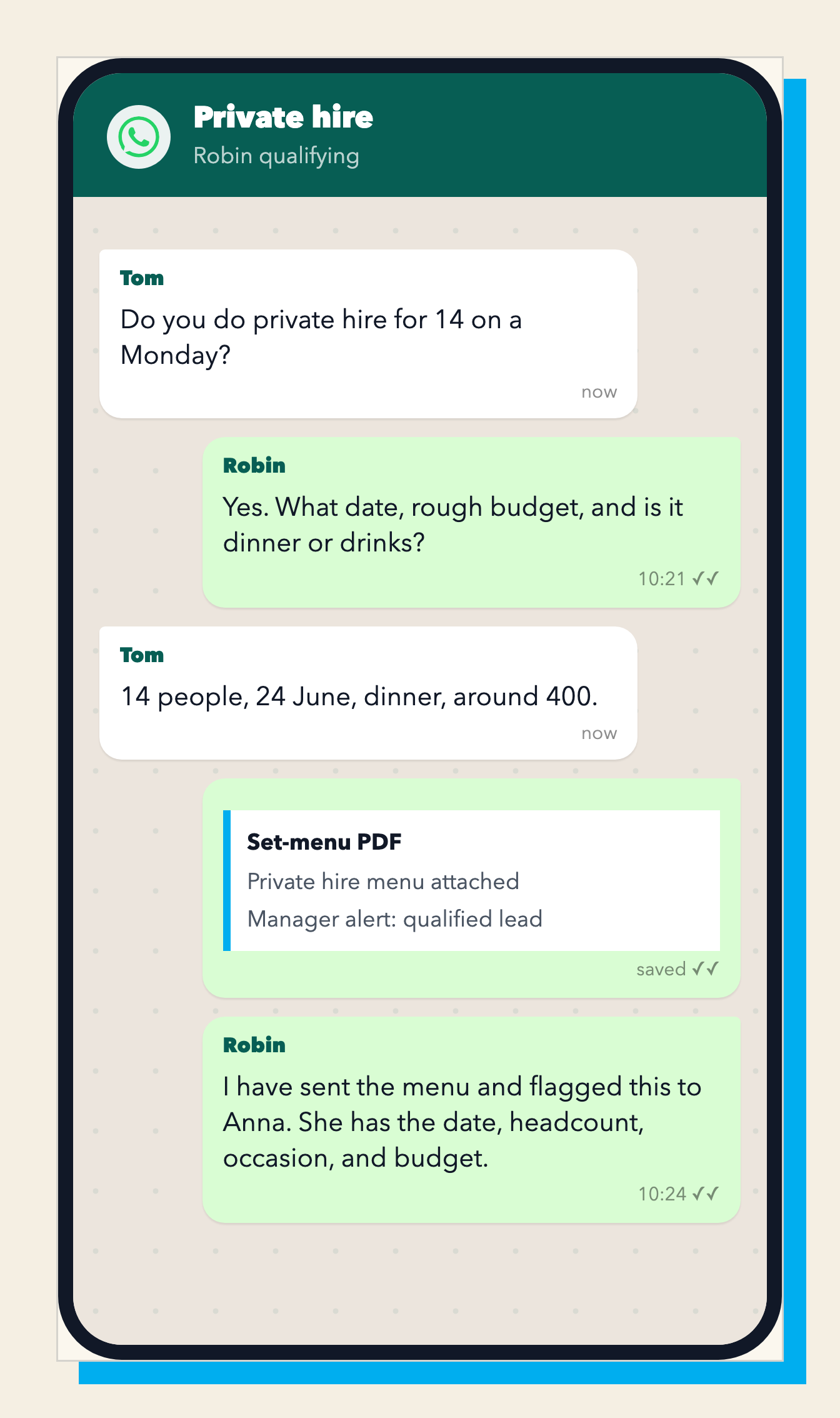 Robin qualifies a private-hire enquiry for a wine bar and alerts the manager.
